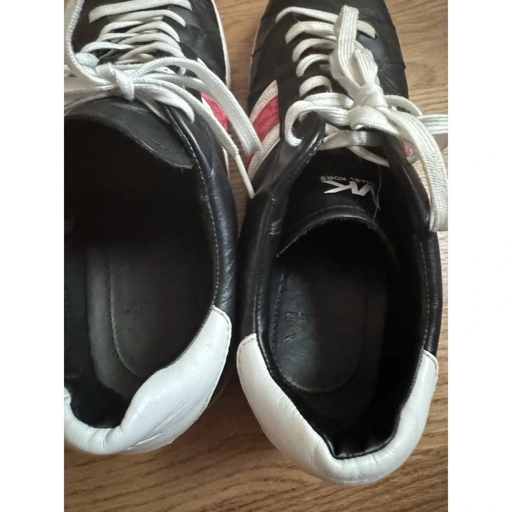 Michael Kors Black Leather Sneakers White Red MK Logo Stripe Trainers Womens 10M